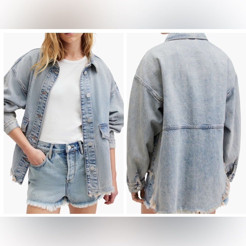 All Saints NWT HETTIE Distressed Oversized Medium Wash Denim Jacket US2-EU34